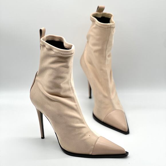 AMIRI Sock Bootie Stiletto Heel Womens 10.5 Tan Neoprene Pointed Leather Cap Toe - Picture 1 of 16
